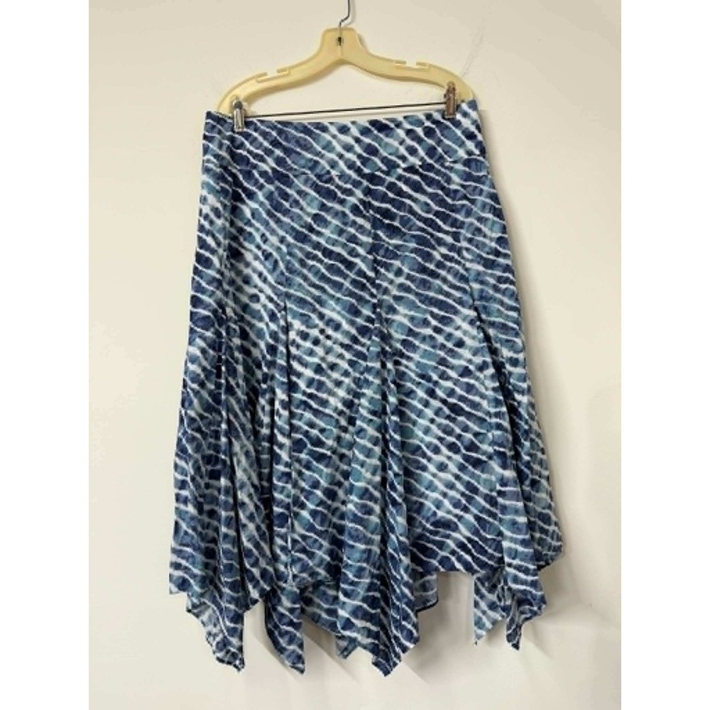 Chicos Blue Tie Dye‎ Handkerchief Hem Pleated Midi Skirt Cotton Size 2 L XL